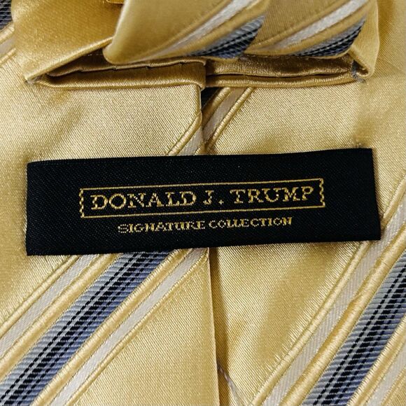 NWT Donald J Trump 100% Silk Necktie Tie Striped Yellow Gold Blue 3 1/2 x 62 - Picture 3 of 4